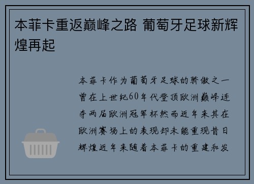 本菲卡重返巅峰之路 葡萄牙足球新辉煌再起